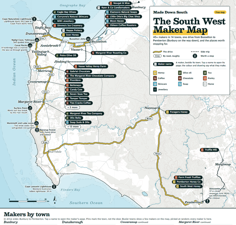 Preview of the printed South West Maker Map, with makers marked town by town from Bunbury to Pemberton