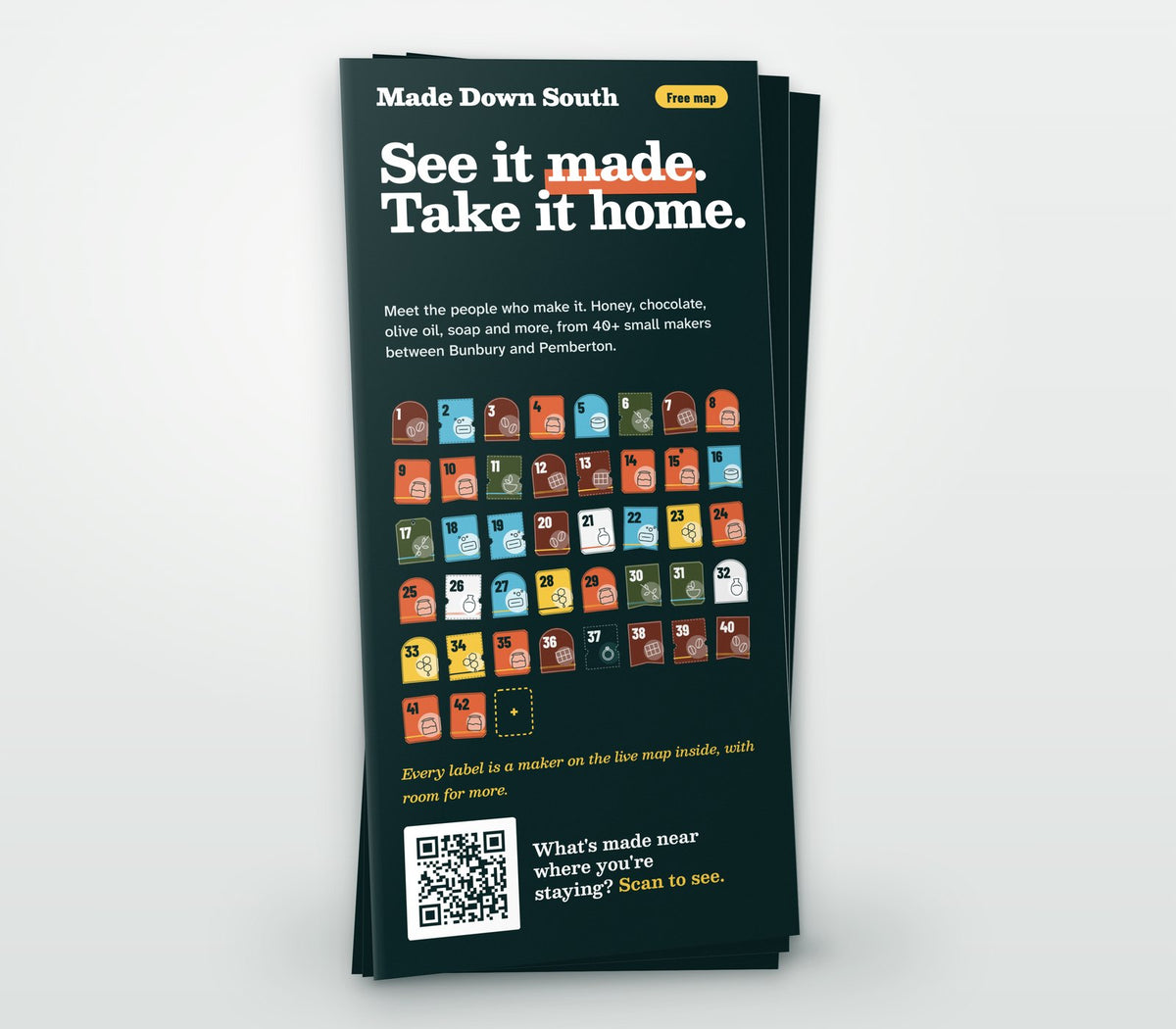 The free Made Down South guide brochure, folded. The cover reads: See it made. Take it home.
