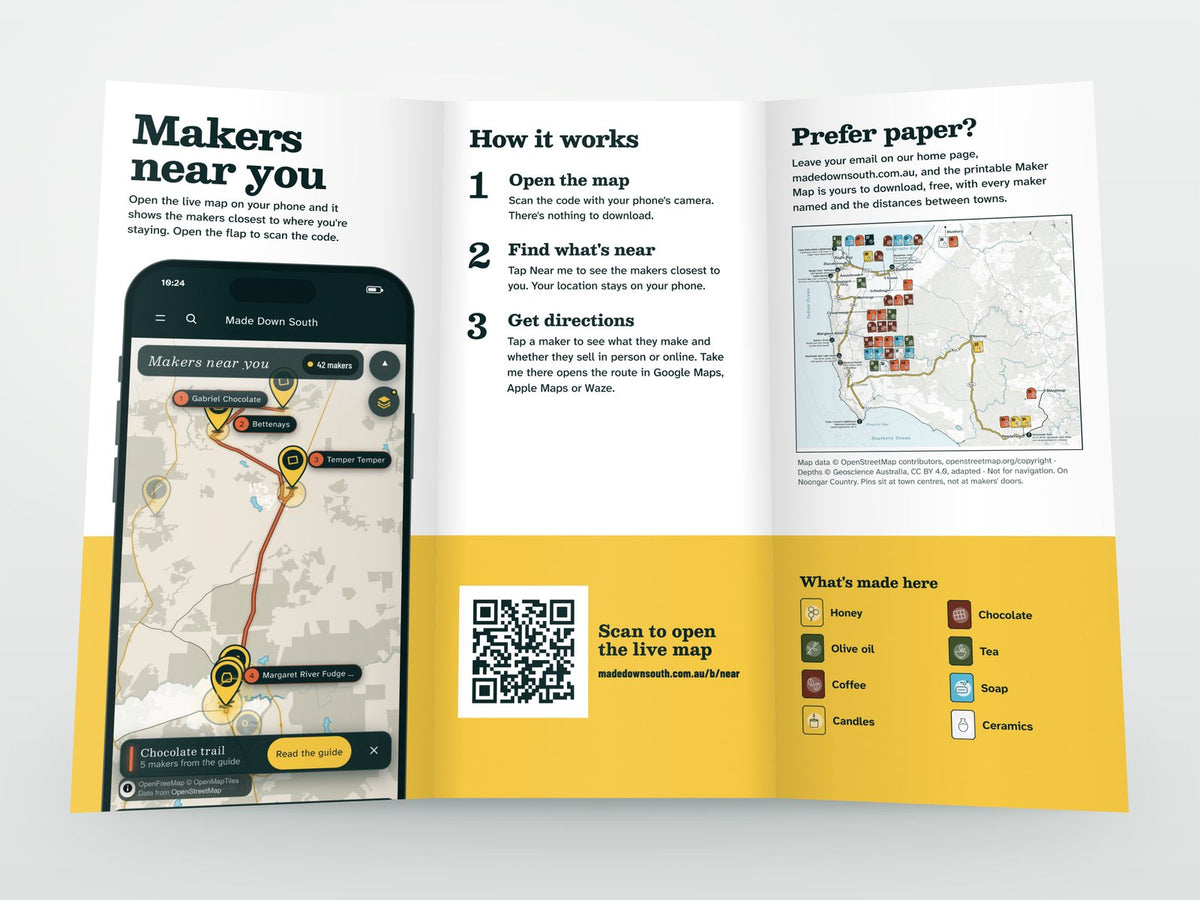 Inside the brochure, opened out: the live map on a phone, how it works in three steps, and a printed map of South West makers.