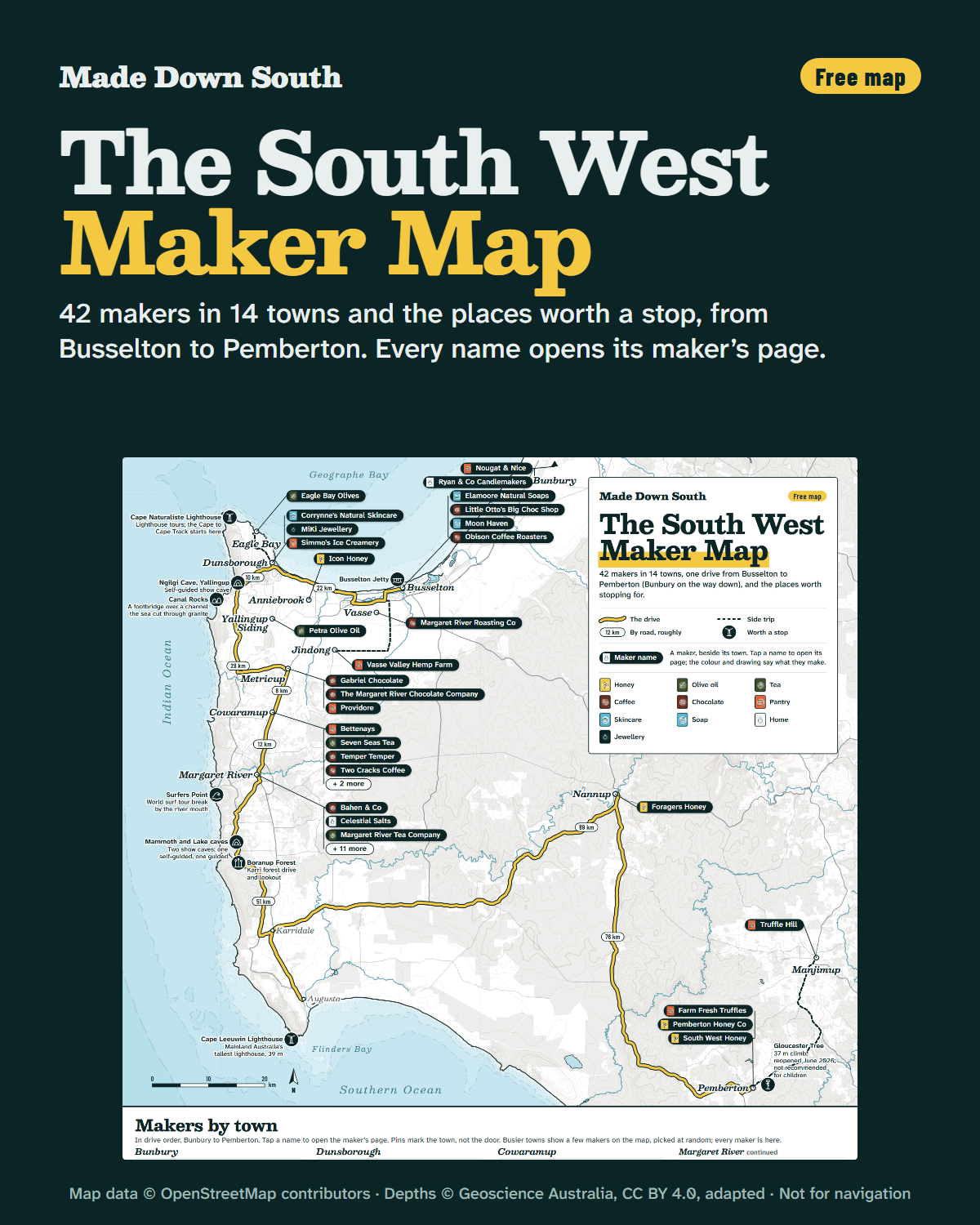 The South West Maker Map: the coast from Busselton to Augusta and inland to Pemberton, with each maker's town marked.