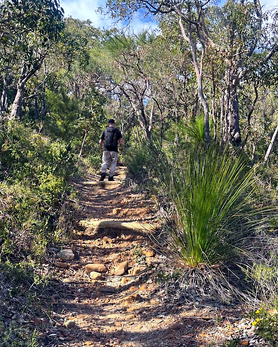 Shane walking up a stepped bush track past a grass tree on the Big Rock track at Meelup.