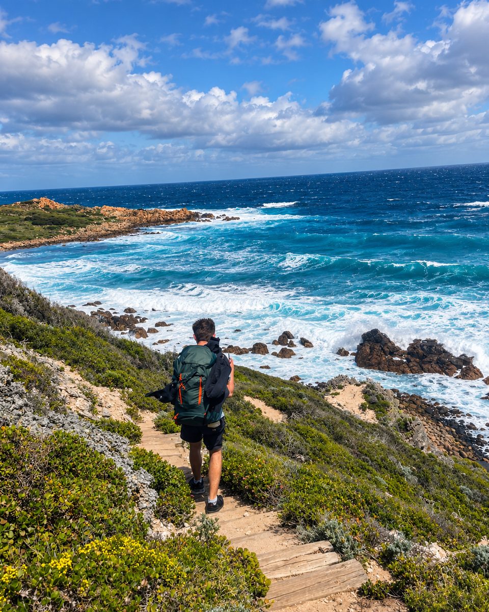 A walker with a backpack heading down timber steps through coastal heath towards a rocky, wave-washed shore at Wyadup.